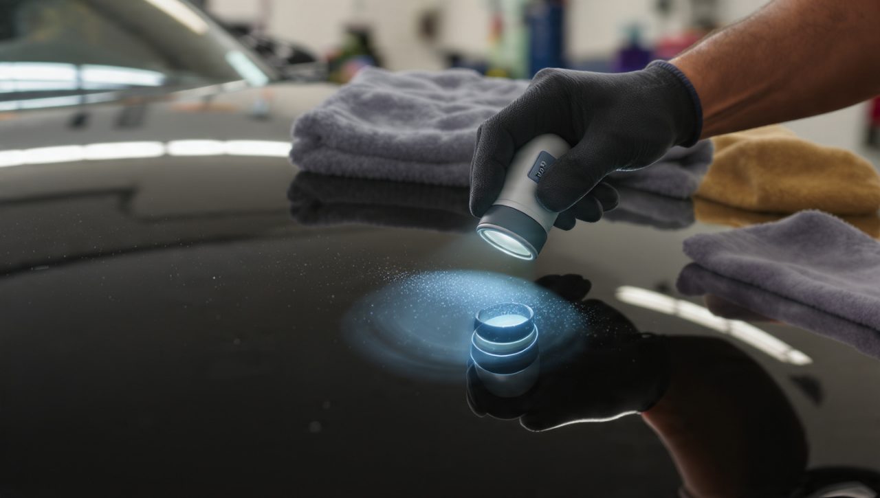Technician carefully applying ceramic coating panel by panel