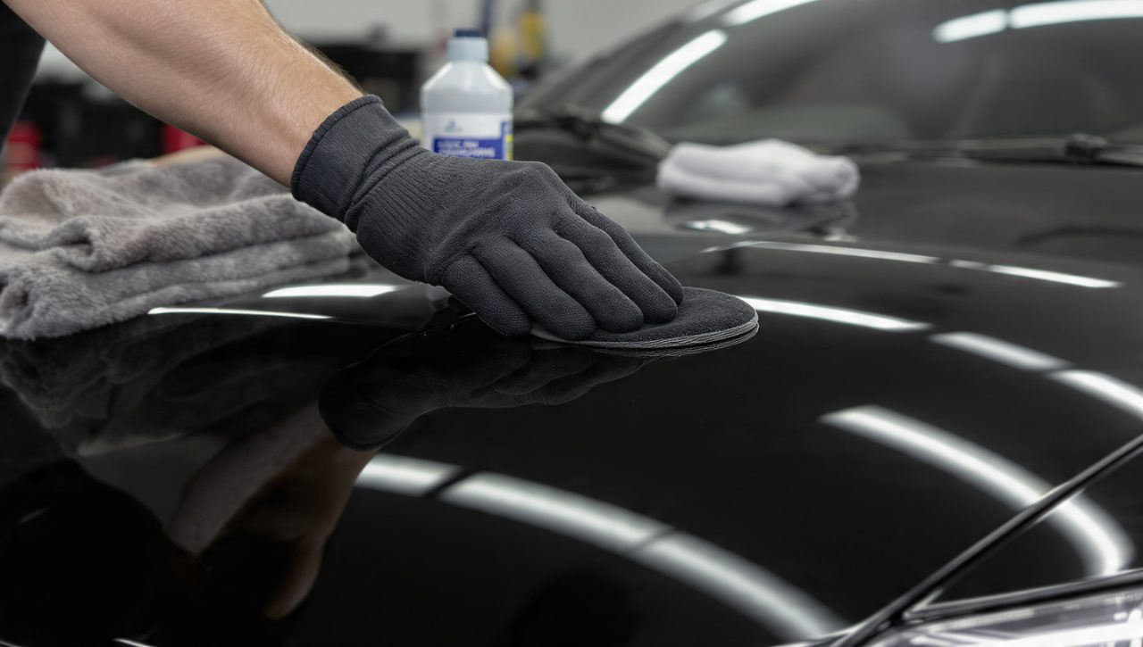 Water beading on a freshly ceramic-coated hood