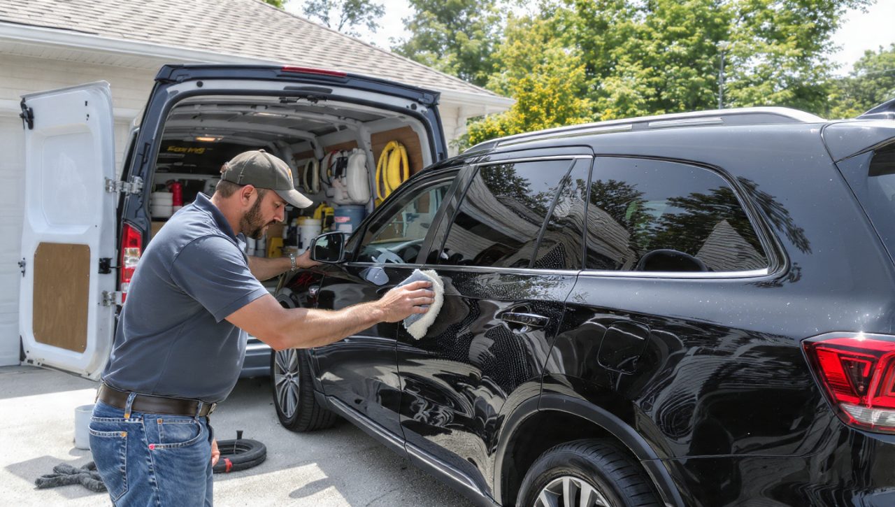 Mobile detailer polishing a vehicle at a San Antonio home
